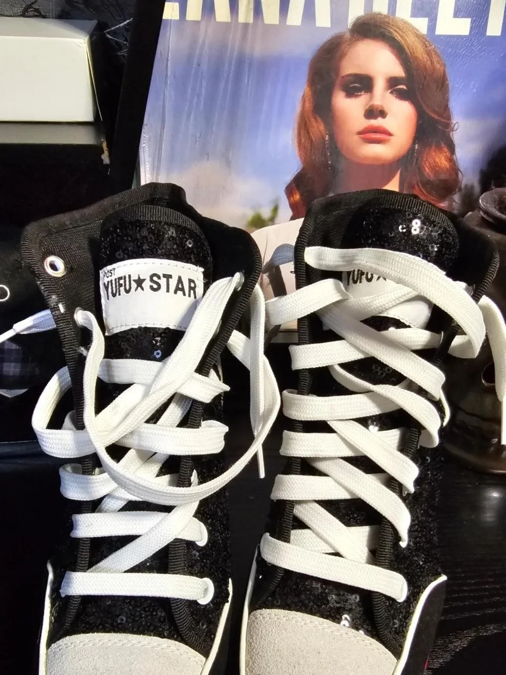 Women's Black Sequin Wedge Sneaker with White Laces